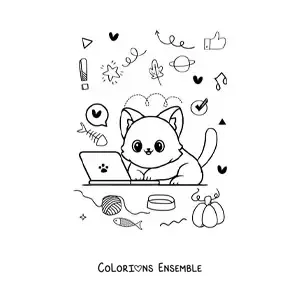 Coloriage d'un chat kawaii sur un ordinateur portable
