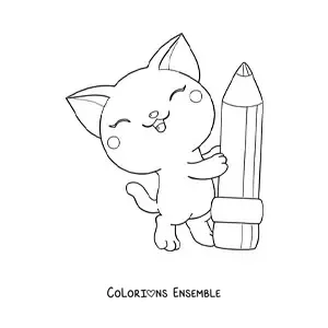 Coloriage d'un chat kawaii avec un crayon d'école