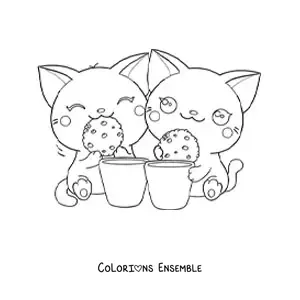 Coloriage d'un couple de chats kawaii qui mangent des biscuits avec du lait