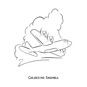 Image à colorier d'un avion qui vole avec des nuages au fond