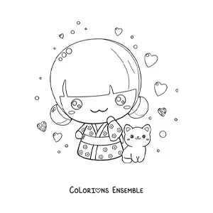 Coloriage d'une fille japonaise chibi avec un chat kawaii
