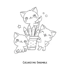Coloriage de chats kawaii avec des pinceaux et du matériel de dessin