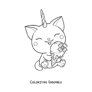 Coloriage d'un chatlicorne kawaii assis en train de manger une glace