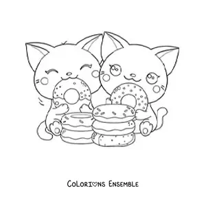 Coloriage d'un couple de chats kawaii qui mangent des donuts