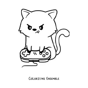 Coloriage d'un chat kawaii qui joue aux jeux vidéo