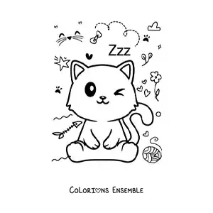 Coloriage d'un chat kawaii assis avec une pelote de laine
