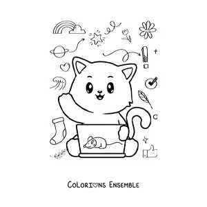 Coloriage d'un chat kawaii qui utilise l'ordinateur