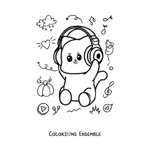 Coloriage d'un chat kawaii qui écoute de la musique avec un casque