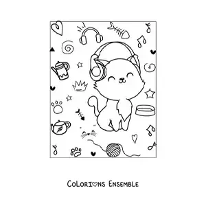 Coloriage d'un chat kawaii assis avec un casque