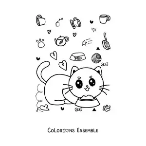 Coloriage d'un chat kawaii qui mange dans sa gamelle