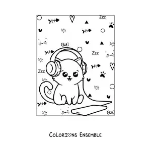 Coloriage d'un chat kawaii qui écoute de la musique sur le téléphone