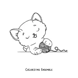 Coloriage d'un chaton kawaii qui joue avec de la laine