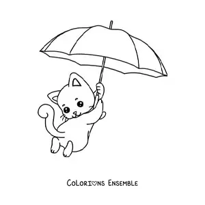 Coloriage d'un chaton kawaii qui flotte avec un parapluie
