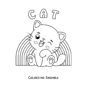 Coloriage d'un chaton kawaii avec un arc-en-ciel