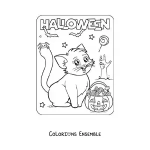Coloriage d'un chaton kawaii pour Halloween avec une citrouille