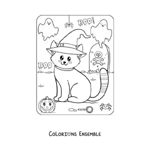 Coloriage d'un chaton kawaii pour Halloween avec un chapeau de sorcière