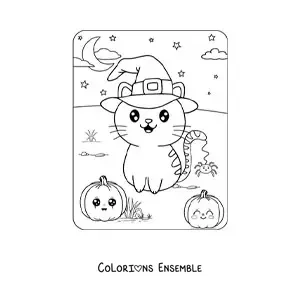 Coloriage d'un chaton kawaii pour Halloween avec un chapeau de sorcière et des citrouilles