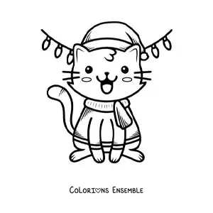 Coloriage d'un chaton kawaii à Noël avec des vêtements chauds