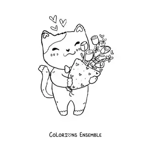 Coloriage d'un chaton kawaii pour la Saint-Valentin avec un bouquet de fleurs