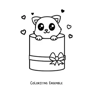 Coloriage d'un chaton kawaii qui sort d'une boîte cadeau