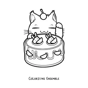 Coloriage d'un chaton kawaii avec un gâteau aux fruits