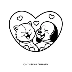 Coloriage d'un couple kawaii formé d'un chien et d'un chat avec des cœurs