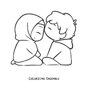 Coloriage d'un couple kawaii avec une fille qui porte un hijab