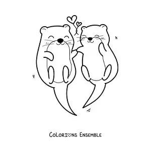Coloriage d'un couple de loutres kawaii avec des cœurs
