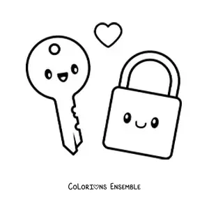 Coloriage d'un couple kawaii formé d'une clé et d'un cadenas