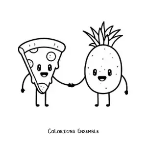 Coloriage d'un couple kawaii formé d'une pizza et d'un ananas