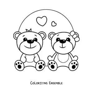 Coloriage d'un couple d'oursons kawaii avec des cœurs