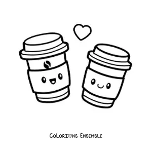 Image à colorier d'un couple de tasses de café kawaii