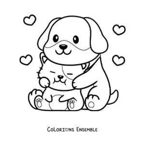 Image à colorier d'un chiot et d'un chaton amoureux