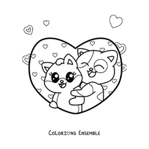 Image à colorier de chats kawaii amoureux
