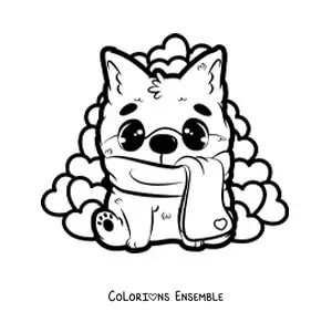 Image à colorier d'un chien kawaii assis entouré de cœurs