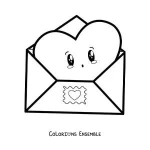 Image à colorier d'une lettre d'amour kawaii toute animée