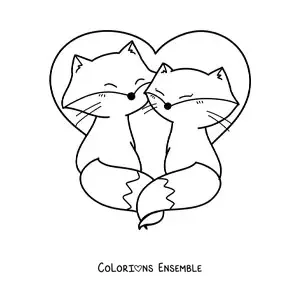 Image à colorier d'un couple de renards kawaii