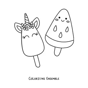 Image à colorier d'une glace licorne kawaii et d'une glace pastèque kawaii