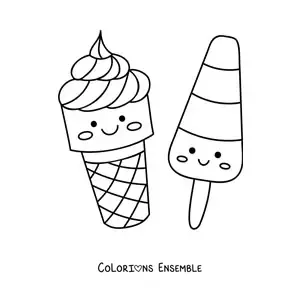 Image à colorier d'un cornet de glace kawaii et d'une glace en bâtonnet kawaii