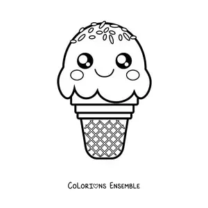 Image à colorier d'un cornet de glace kawaii couvert de vermicelles colorés