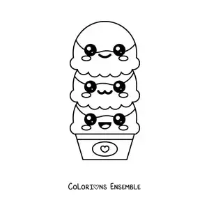 Image à colorier d'une grande glace kawaii à 3 boules