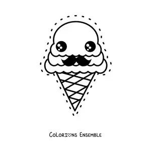 Image à colorier d'un tendre cornet de glace kawaii avec une moustache