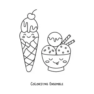 Image à colorier d'un cornet de glace kawaii à côté d'une coupe de glace kawaii
