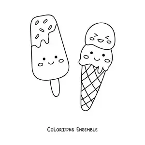 Image à colorier d'une glace et d'un cornet kawaii à deux boules
