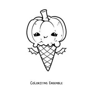 Image à colorier d'un cornet de glace kawaii en forme de citrouille d'Halloween