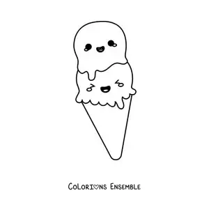 Image à colorier facile d'un cornet de glace kawaii tout animé