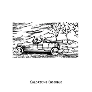 Image à colorier d’une voiture lancée à toute vitesse avec des arbres en arrière-plan