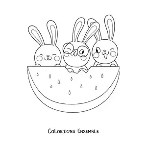 Image à colorier de 3 lapins kawaii animés qui mangent de la pastèque