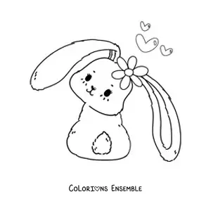Image à colorier d'un tendre lapin kawaii avec une fleur et des cœurs