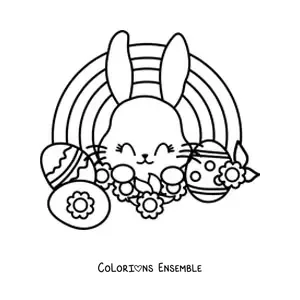 Image à colorier d'un lapin kawaii avec des œufs de Pâques et un arc-en-ciel